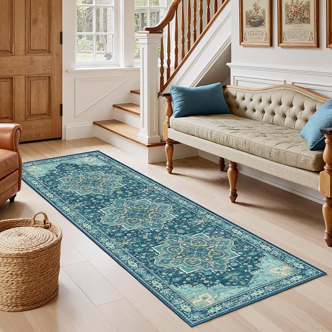 AMADA HOMEFURNISHING 2x6 Runner Rug, Vintage Distress Print Pattern Non Slip Area Carpet for Hallway Kitchen Bathroom Door Mat Indoor Entrance, Teal Blue