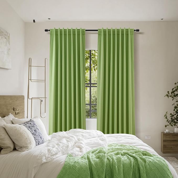 Lime Green 100% Blackout Linen Curtains 108 Inch Length 2 Panels Set for Living Room Bedroom Back Tab/Rod Pocket Thermal Insulated Farmhouse Black Out Drapes Room Darkening,52x108