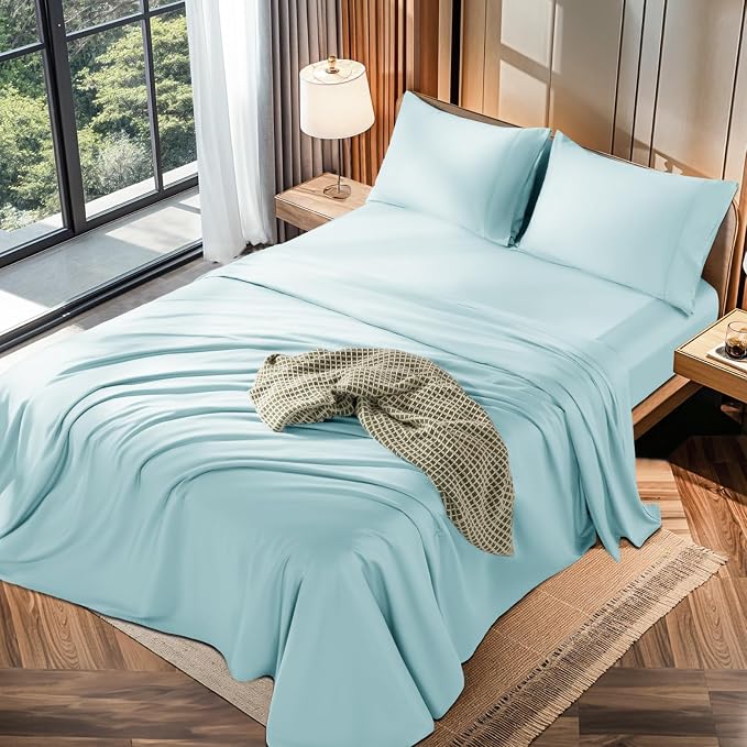 LBRO2M 100% Egyptian Cotton Sheets 1200 TC, Deep Pocket 16", 4Pcs, Queen | Long Staple Cotton Bed Sheets, Extra Soft and Breathable Sheets, Cozy for All Seasons, Soft Blue