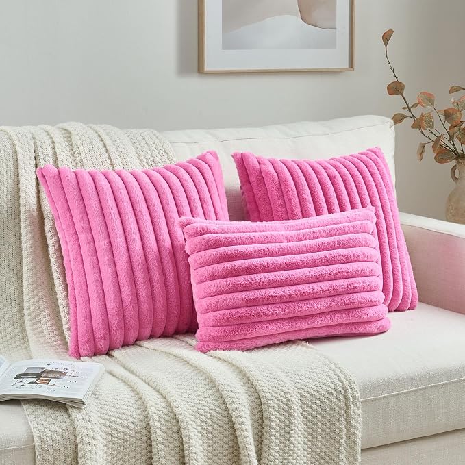 FUTEI Pack of 2 Faux Fur Throw Pillow Covers 12x20 Inch, Hot Pink | Fluffy Faux Rabbit Fur Front/Premium Velvet Back,Hidden Zipper,Machine Washable,Non-Shedding,Colorfast,Insert Not Included.