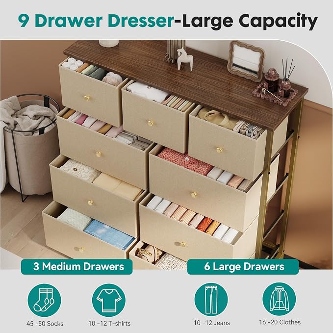DUMOS 9 Drawer Dresser for Bedroom, Storage Organizer Chest of Drawers | Fabric Bins Storage Tower with Sturdy Metal Frame, Wood Tabletop for Closet, Khaki
