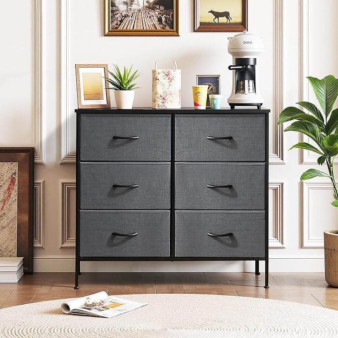 6-Drawer Dresser for Bedroom, Anti-Tip Wide Storage Organizer | Chest of Drawers with Wooden Top and Metal Frame Fabric Bins for Closet, Living Room, Hallway, Entryway, Gray