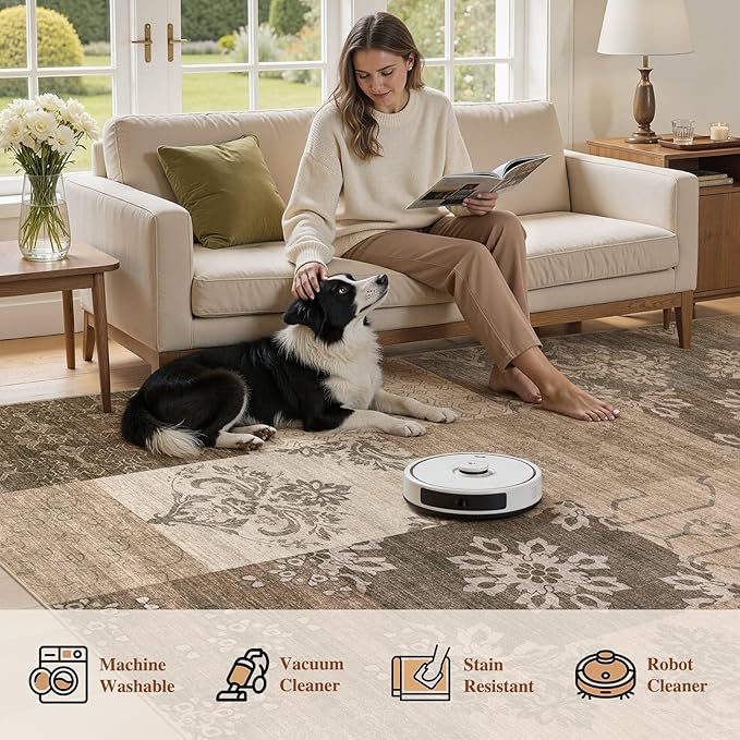 UERMEI 9x12 Area Rug for Living Room, Washable Brown Modern Geometric Patchwork Non Slip Stain Resistant Low Pile Foldable Carpet for Bedroom Dining Farmhouse Home Office