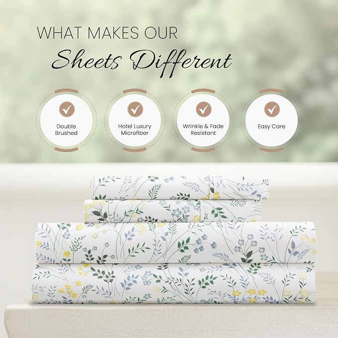 Linen Market Double-Brushed Patterned Microfiber Full Sheet Set 4 Piece – Oeko-TEX Certified Ultra Soft & Wrinkle-Free - 16" Deep Pocket Sheets - Easy Care Full Size - Wildflower Light Blue