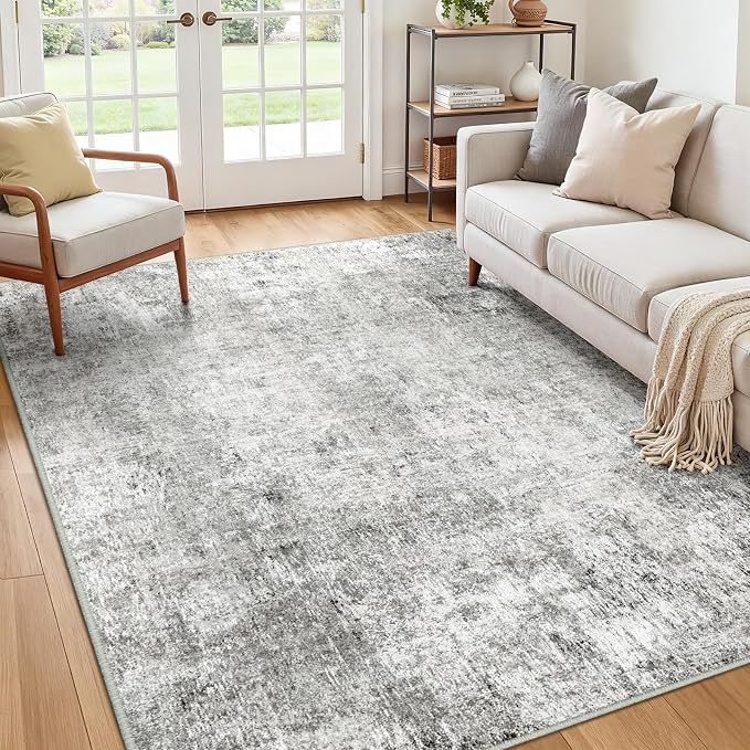 RELEANY Washable 6'x9' Abstract Area Rug for Living Room Gray White | Carpet for Bedroom, Kitchen, Office, Hallway and Entryway, Printed Pattern, Non‑Slip, Soft, Stain‑Resistant, Easy to Clean