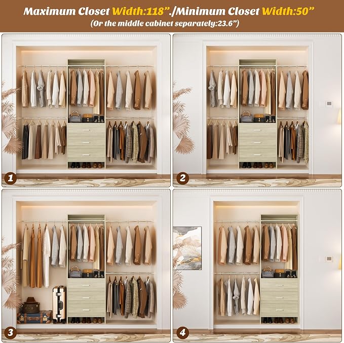 Aheaplus Closet System, 4.2-9Ft Closet Organizer with with 4 Rods, White Oak | for Walk in Closet, Wardrobe Clothes Rack with 4 Hanging Rods, Garment Rack