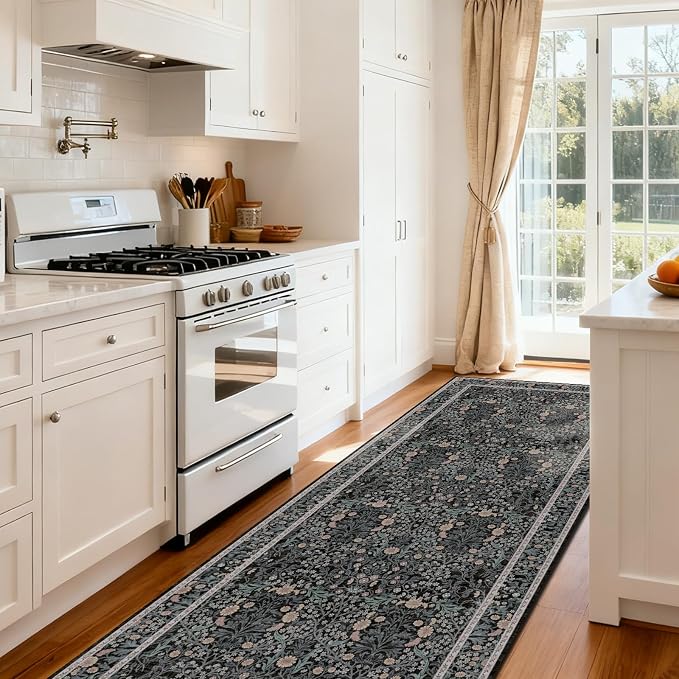 Washable 2'6" x 8' Runners for Hallways, Non Slip Long Floor Runner for Kitchen, Entryway Indoor, Stain Resistant Rubber Backing Floral Decor Rug (Black)