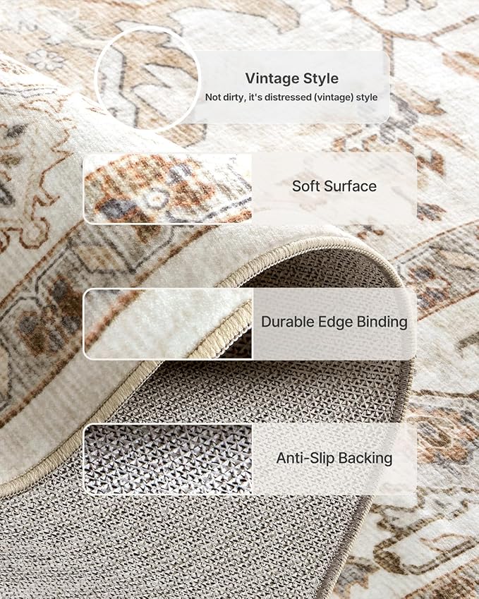 Amada 8x10 Area Rugs, Low-Profile Large Washable Area Rug with Non-Slip Backing & Durable Edge Binding, Vintage Rugs for Living Room, Bedroom, Dinning Room