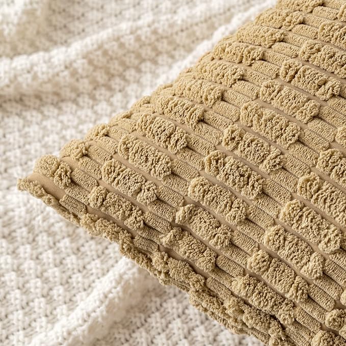 MIULEE Corduroy Decorative Throw Pillow Covers 18x18 Khaki Pack of 2 | Soft Boho Striped Pillow Covers Modern Farmhouse Fall Home Decor For Sofa Living Room Couch Bed