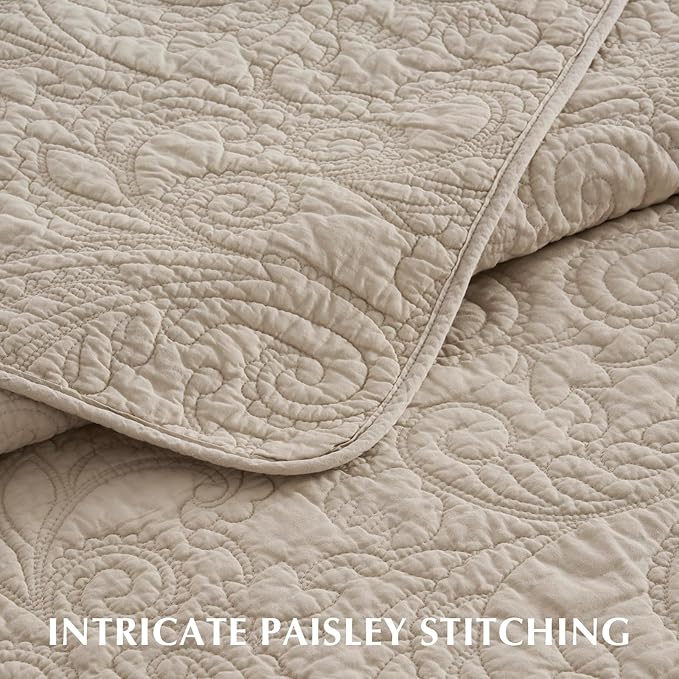 EVERGRACEHOME 100% Cotton Paisley Quilt Set, Queen Size, Flax Beige | Prewashed for Softness, Year-Round Breathability, Gift-Ready Box, Matelasse-style Quilted Coverlet, 3 Piece Set with 2 Shams