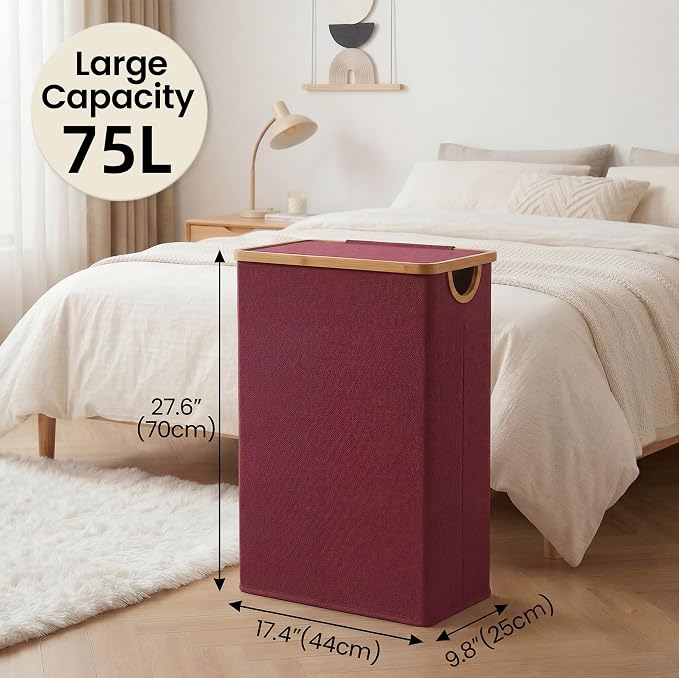 efluky Slim Laundry Basket with Lid, Narrow Laundry Hamper with Removable Bag, Skinny Dirty Clothes Basket with Bamboo Handles for Bathroom, Bedroom & Laundry Room (Burgundy, 75L)