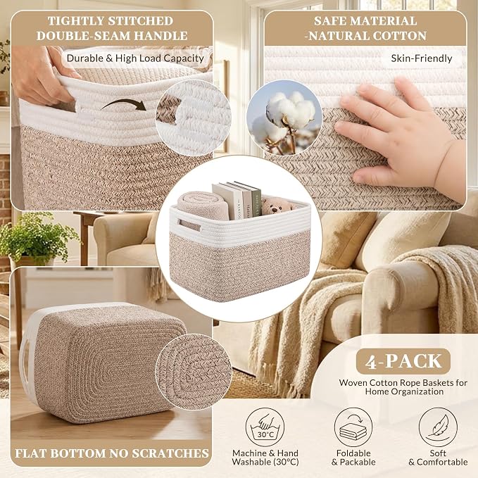 OIAHOMY 4 Pack Storage Basket, 13"x9"x7.8" Cotton Rope Baskets for Shelves, Closet Organizer for Bedroom & Living Room, Soft Decorative Bins for Organizing Towels, Books & Toys, Brown & White