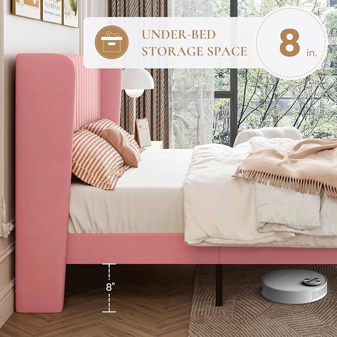 SHA CERLIN King Size Velvet Bed Frame, Tufted Wingback Headboard, Pink | 47'' Modern Vertical Channel Headboard, Upholstered Platform Bed, Wood Slats, No Box Spring Needed, Easy Assembly, Noise Free