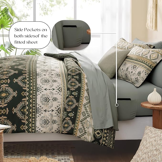 King Size Comforter Set - 7 Pieces Boho Bedding Set Aztec Bed in a Bag | Southwestern Bedding, All Season Tribal Bed Set with Comforter, Sheets, Pillowcases & Shams, Dark Green