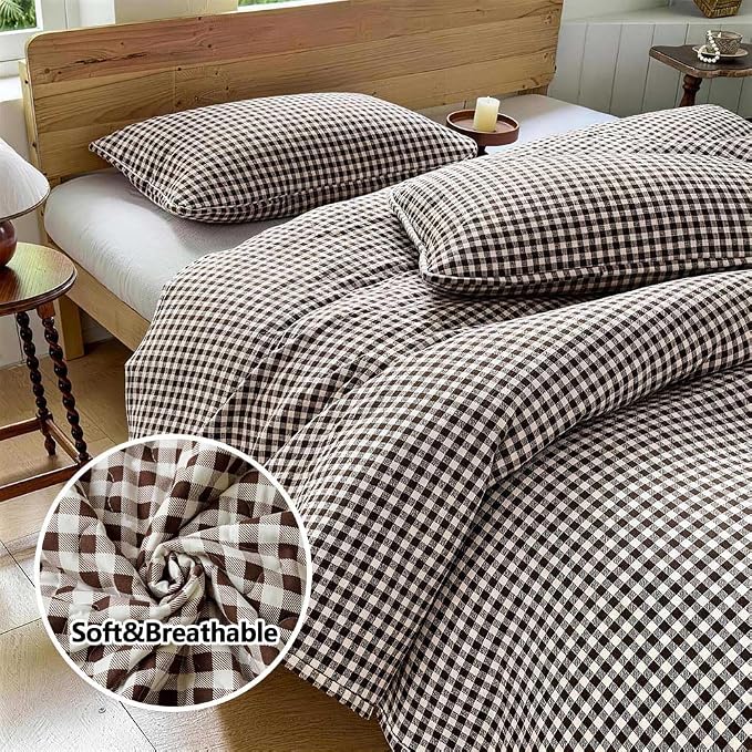 NSNLGSGC Mocha Gingham Queen Summer Bedspread Quilt Set | Pre-washed Microfiber,Lightweight Checked Grid Bedding Coverlets for All Seasons