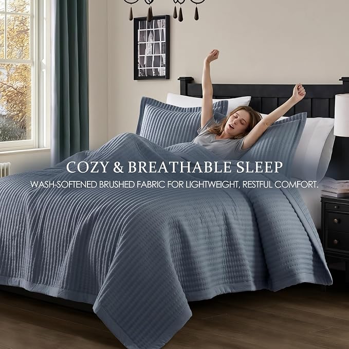 WDCOZY Dusty Blue Queen Size Quilt Set, Striped Pick Stitch Bedspread | Lightweight Soft Channel Coverlet, Spring Summer Thin Comforter, Farmhouse Rustic Country Bedding