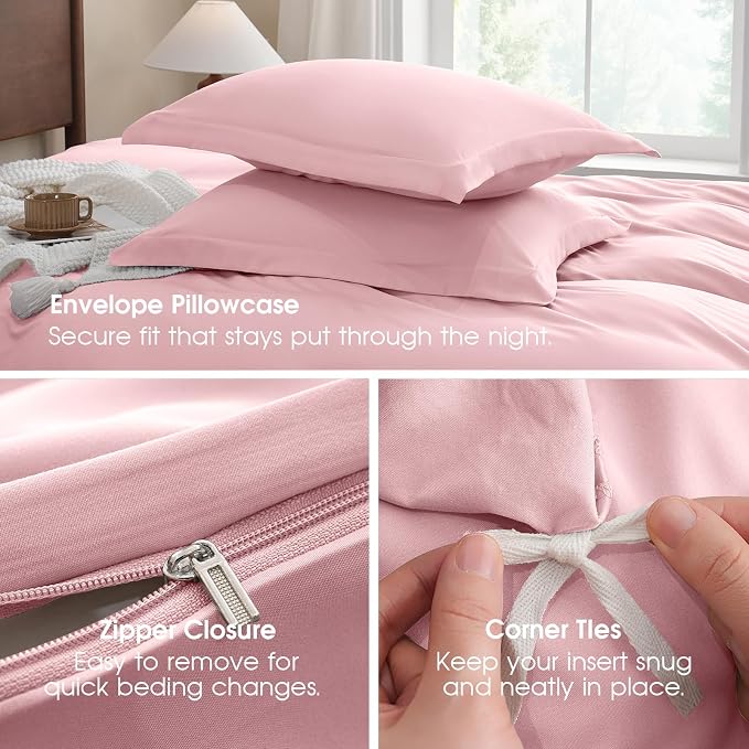 FreshCulture Duvet Cover Queen Size - 3 Pieces Microfiber Duvet Cover Set with Zipper Closure - Lightweight & Easy Care - 1 Comforter Cover & 2 Pillow Shams - Comforter Not Included (Pink)