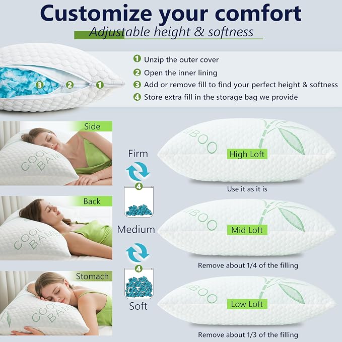 Cooling Pillows, Shredded Memory Foam Pillows King Size Set of 2 Adjustable Firm Bamboo Bed Pillows for Hot, Side, Back and Stomach Sleepers