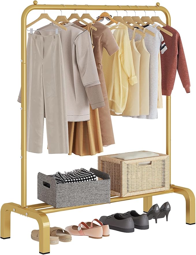 JIUYOTREE Garment Rack Clothing Clothes Rack for Clothes Organizing Gold | Standard Metal 34 Inches Garment Rack with Bottom Shelf for Hanging Clothes Coats Jackets Shirts Sweaters Jeans Gold