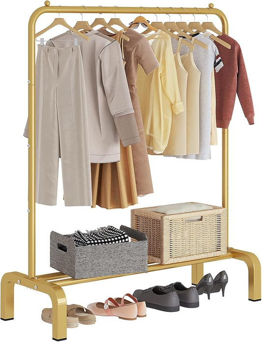 JIUYOTREE Garment Rack Clothing Clothes Rack for Clothes Organizing Gold | Standard Metal 34 Inches Garment Rack with Bottom Shelf for Hanging Clothes Coats Jackets Shirts Sweaters Jeans Gold
