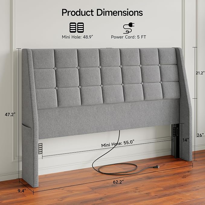 Queen Size Headboard with Charging Station, Wingback Ergonomic Headboards | Wingback Upholstered Bed Head Board with Storage Pocket, Sturdy Stable Solid Wood Headboard, Bed Frame Adapters, Light Grey