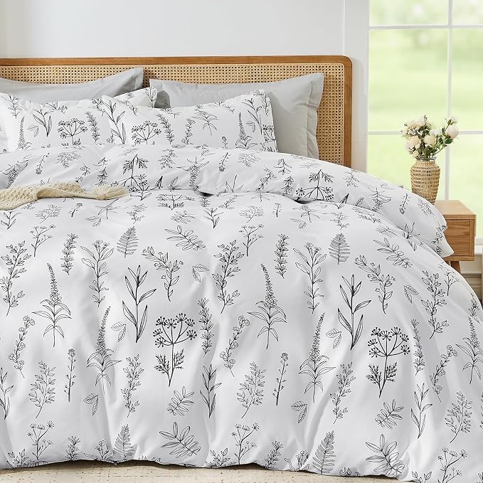 MUXHOMO Duvet Cover Full Size, Reversible Floral White Duvet Cover Set with Zipper Closure, 3 Pieces Botanical Patterns Soft Microfiber Bedding Set with 4 Ties