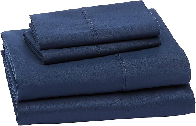Amazon Basics Lightweight Super Soft Breathable Brushed Microfiber 4 Piece Bed Sheet Set with 14-Inch Deep Pockets, Wrinkle Resistant, Queen, Navy Blue, Solid