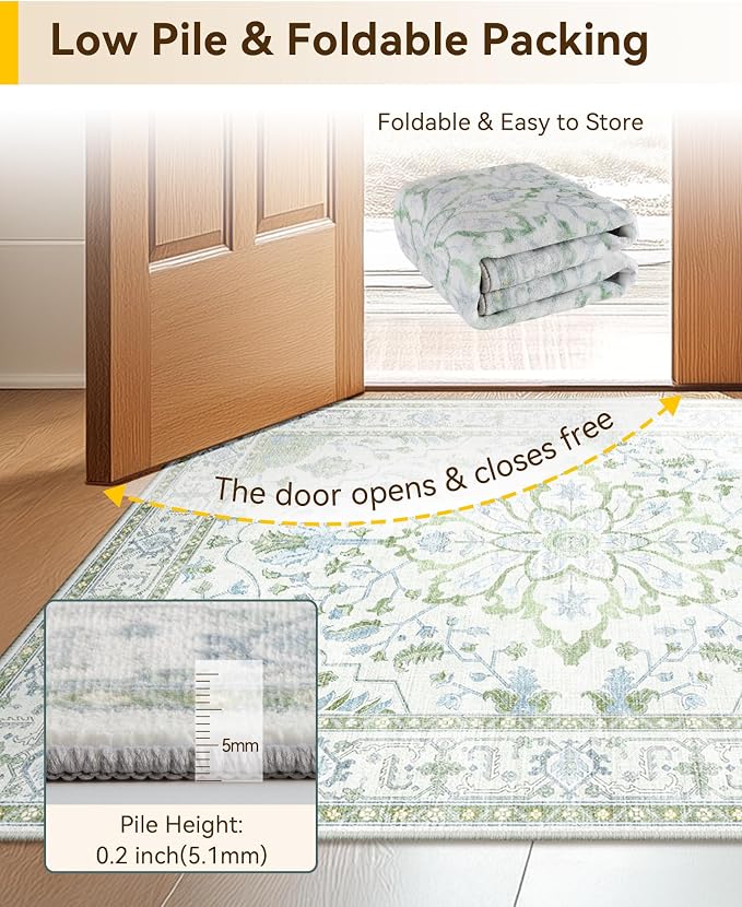 RELEANY Washable Area Rug, Small 2'x4', Green/White/Blue | Non-Slip, Water Repellent, Pet Friendly, Easy to Clean, Vintage Floral Boho Decor for Kitchen Entryway Bathroom