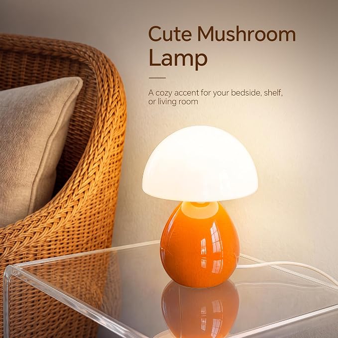 Mushroom Lamp Table Lamp for Bedroom-Small Desk Table Lamps,Orange | Ice Crackle 10.08" Mid Century Modern Table Lamps for Living Room Bedroom Decor,Ceramic Lamps for Home Room Decor,Glass Shade