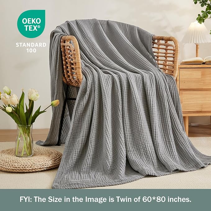 EMME Muslin Blankets for Adults Grey Small Blanket 40" x 50" | Throw Blanket for Couch Breathable Gauze Soft Lightweight Airy Light