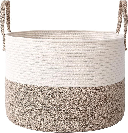 JMvicyroam 65L Extra Large Machine Washable Cotton Rope Blanket Basket | Collapsible laundry hamper, Reinforced handles, For blankets, pillows, toys and clothes, Living room and bedroom, White&Brown