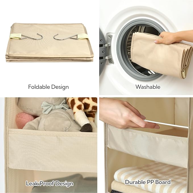 GRANNY SAYS 3-Shelf Hanging Closet Organizer, Foldable Storage, Khaki | 33 lb Capacity, No-Sag Support, Keeps Clothes Neat, Folds Flat, Fits RV, Dorm & Small Closets, 2 Pack