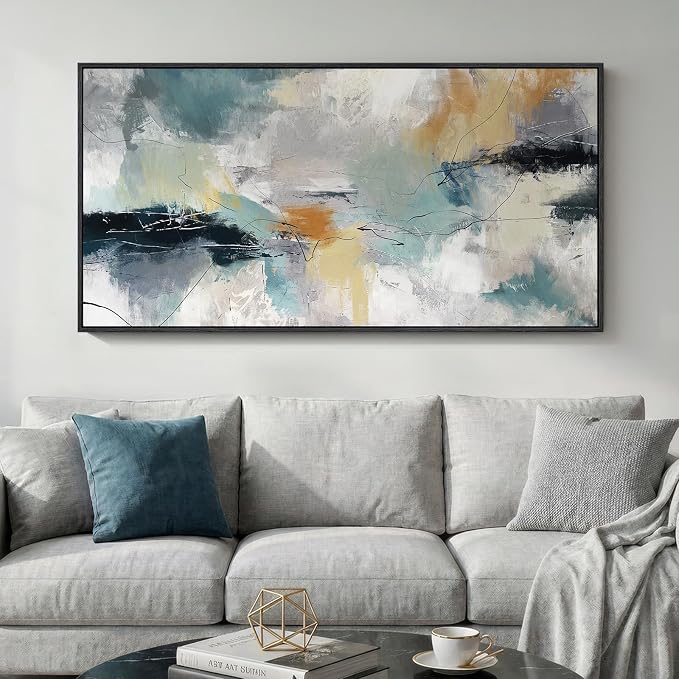Large Framed Gray Teal Abstract Wall Art for Living Room, Horizontal 30x60 | Modern pictures, Canvas prints, Wood frame, Minimalist paintings artwork for walls, Wall decor for bedroom dining room office