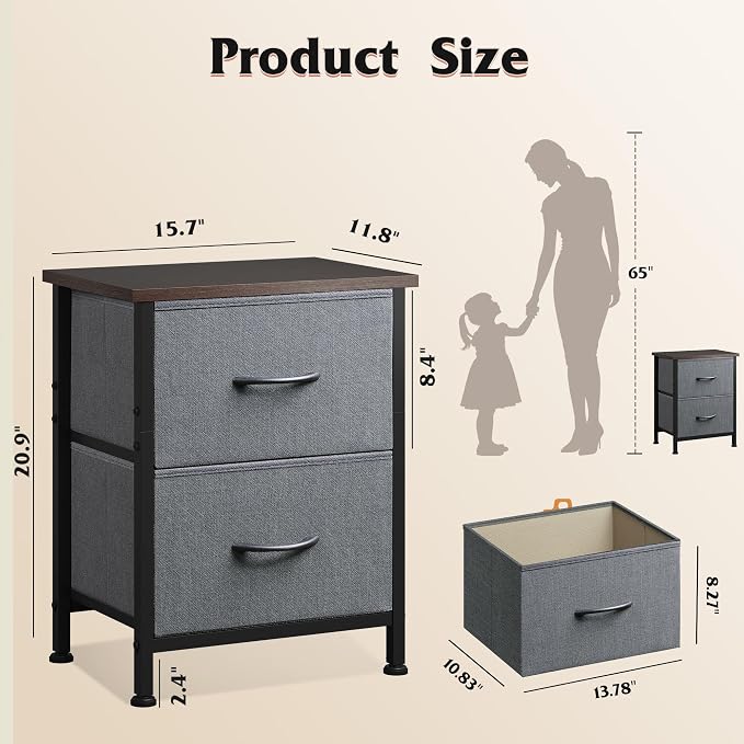 WLIVE Nightstand, 2 Drawer Dresser for Bedroom, Small Dresser with 2 Drawers, Bedside Furniture, Night Stand, End Table with Fabric Bins for Bedroom, Closet, Entryway, College Dorm, Dark Grey | End Table with Fabric Bins for Bedroom, 15-Min Quick-Assem...