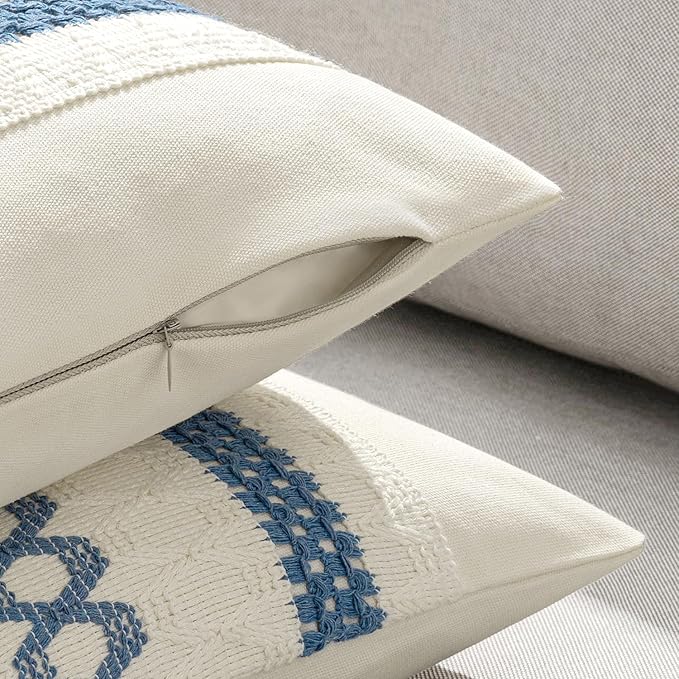 MIULEE Set of 2 Coastal Blue Boho Decorative Pillow Covers 20x20 Inch | Farmhouse Couch Throw Pillows, Modern Cotton Cushion Covers, Macrame Woven Spring Decor for Bed Sofa Chair