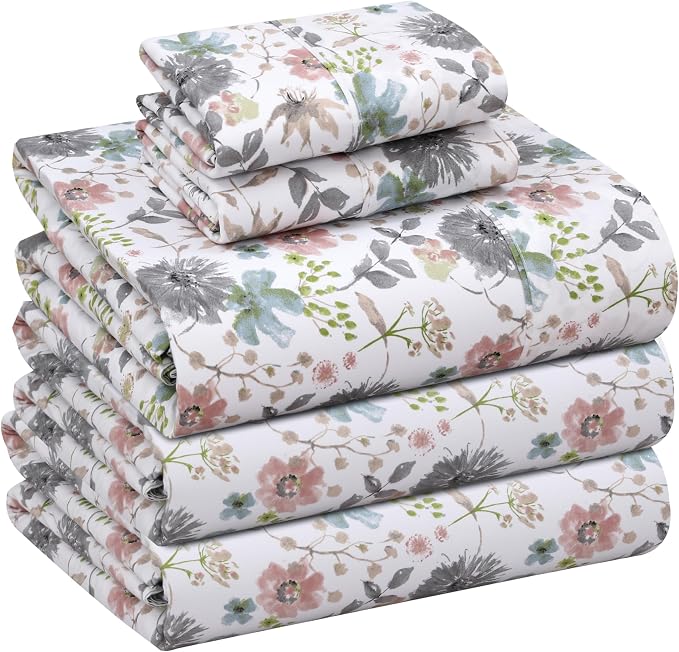 RUVANTI 100% Cotton Percale Sheets Split King Size, Dandelion Field | Crisp Cooling, Deep Pocket 16", Soft Breathable & Durable, Hotel-Style, 5 Piece Set