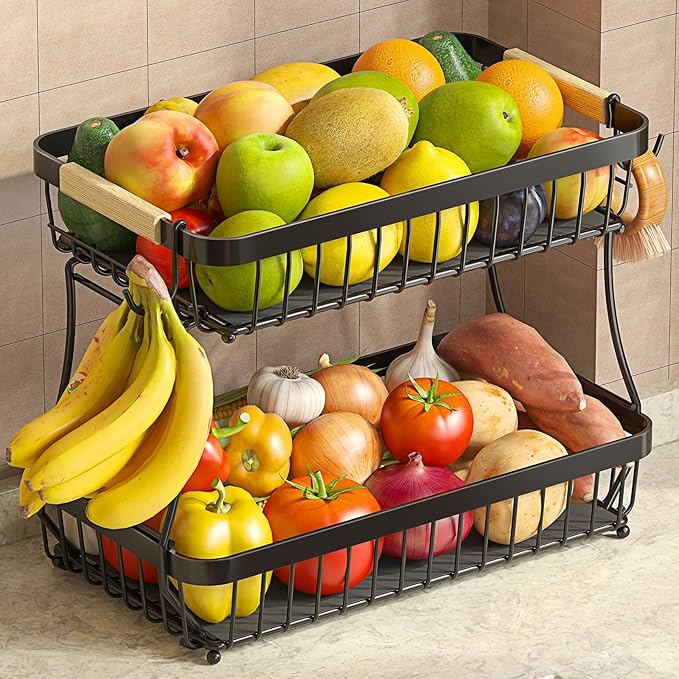 Sevenblue 2-Tier Fruit Basket with Banana Hangers, Detachable Metal Bowl | Wooden handle, protective mats included. Versatile holder for bread, snacks, and veggies. Extra Large 2 tier metal design.