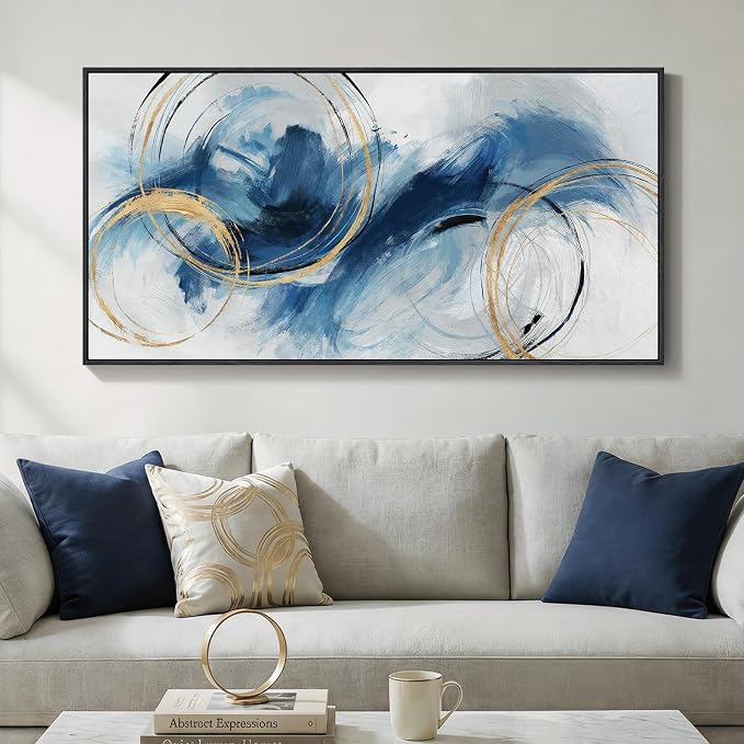 Large Framed Navy Blue Abstract Wall Art for Living Room, Horizontal 30x60 | Contemporary picture, Canvas prints, Wood frame, Modern minimalist painting, Artwork for walls, Wall decor for bedroom office