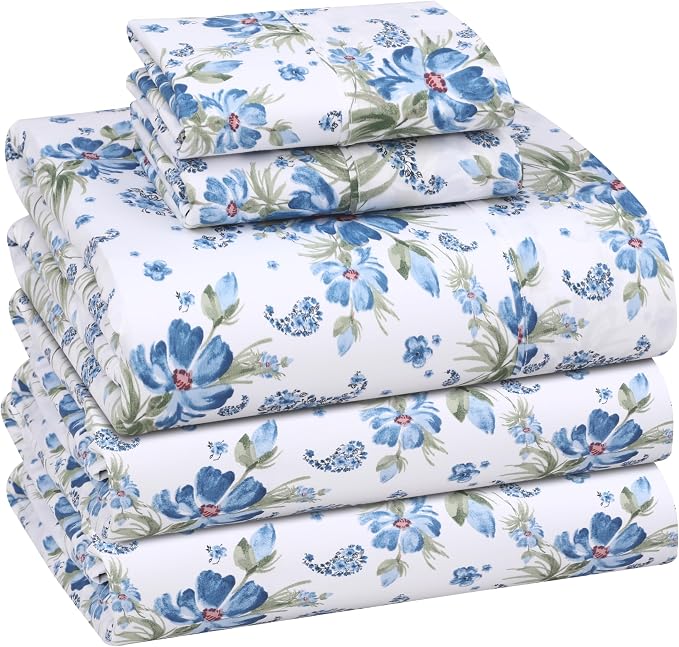 RUVANTI 100% Cotton Percale Sheets Split King Size, Paislyona | Crisp Cooling, Deep Pocket 16", Soft Breathable & Durable, Hotel-Style, 5 Piece Set
