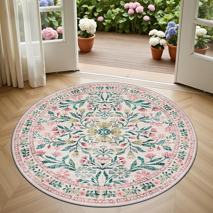 PLHXFR Round Area Rug Living Room: 4 ft Floral Washable Carpet Pink Green | For Bedroom Dining Room Farmhouse Nursery Hallway,Vintage Floral,Machine washable,Non Slip,Stain Resistant,Large Indoor