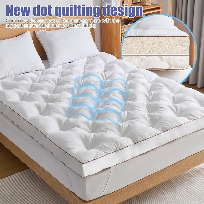 WhatsBedding 4 Inch Memory Foam Mattress Topper King for Back Pain Relief, Filled with Breathable Gel Memory Foam, Supportive Pillow Top Mattress Topper