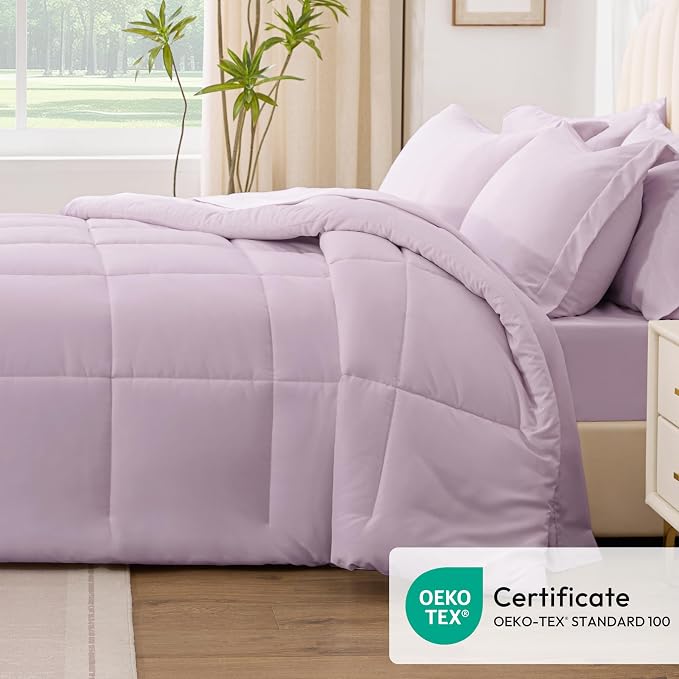 Love's cabin Twin XL Comforter Set Light Purple, 5 Pieces Twin XL Bed in a Bag, All Season Bedding Sets with 1 Comforter, 1 Flat Sheet, 1 Fitted Sheet, 1 Pillowcase and 1 Pillow Sham