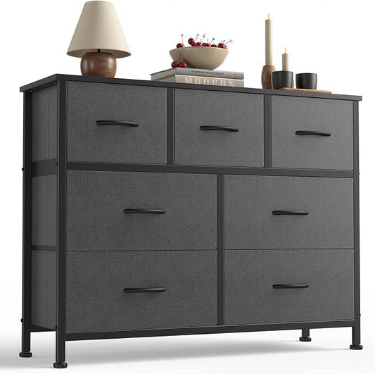 Sweetcrispy 7 Drawer Dresser for Bedroom Storage with Fabric Bins, Gray | Anti-Tip Closet Organizer, Wooden Top and Sturdy Steel Frame, Spacious Drawers for Clothes Storage, Hallway Entryway