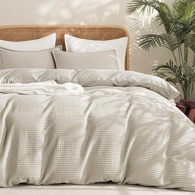 PHF Soft Waffle Duvet Cover Queen Size- Durable Breathable Waffle Weave Duvet Cover(90"x90") with 2 Pillow Shams, 3 Pieces Luxury Textured Bedding Set for All Season, Natural