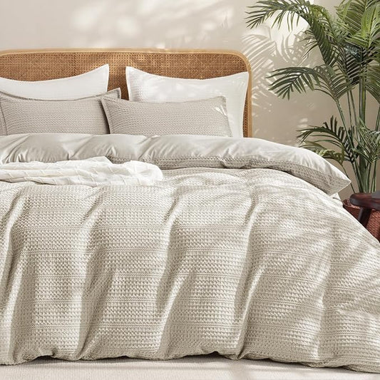 PHF Soft Waffle Duvet Cover Queen Size- Durable Breathable Waffle Weave Duvet Cover(90"x90") with 2 Pillow Shams, 3 Pieces Luxury Textured Bedding Set for All Season, Natural