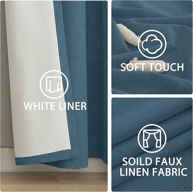 Yakamok Dusty Blue Linen Textured Curtains 84 Inches Long for Living Room | 100% Blackout Curtains,Room Darkening Curtains,Thermal Grommet Bedroom Curtain 2 Panels with Greyish White Liner,52W x 84L