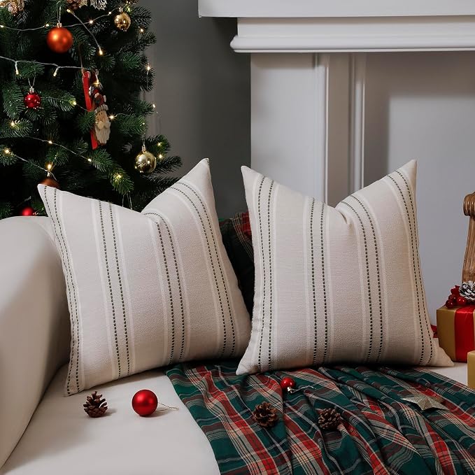 Hckot Sage Green Throw Pillow Covers 16x16 Set of 2 Striped Pillow Covers Christmas Decorative Pillows Square Cushion Covers for Sofa Couch Bed Living Room Farmhouse Decor, Green