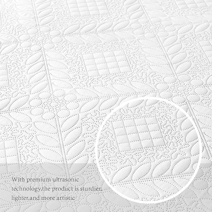 FLYMME Full Queen Quilt Bedding Set,Lightweight White Bedspreads,Vintage Olive Leaf Design,Ultra Soft Microfiber Bed Coverlet 3 Pieces for All-Season (1 Quilt,2 Shams)