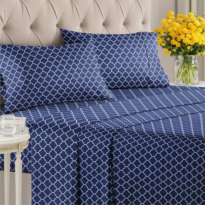 Cal King 4 Piece Striped Sheet Set - Breathable & Cooling - Navy Quatrefoil | 1 Flat, 1 Fitted & 2 Pillowcases w/ Deep Pockets, Luxury Striped Bedding, Soft, Breathable & Cooling, Wrinkle & Fade Free