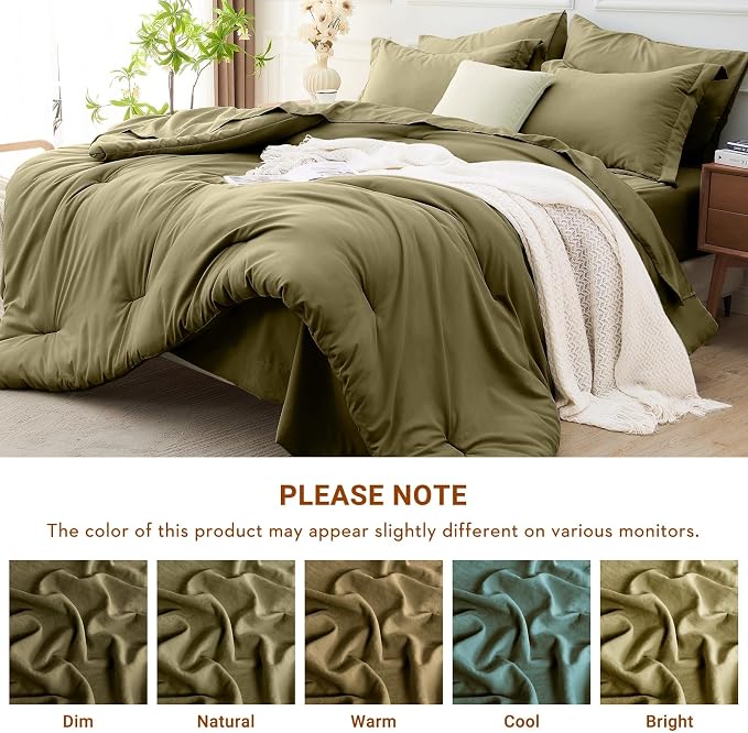 7 Pieces California King Comforter Set, Soft Bed in a Bag Cal King Size, All Season Bedding Set with Comforter, Flat Sheet, Fitted Sheet, Pillowcases & Shams, Olive Green